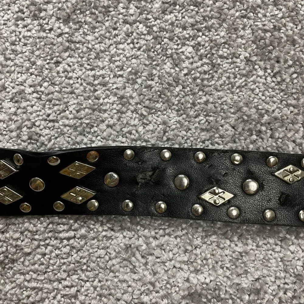 Unbranded Black Leather Belt Womens 46 Metal Studded Floral Buckle Ladies